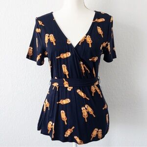 NWT ModCloth Navy Otter Print Faux Wrap Top Belted V-Neck Size Medium